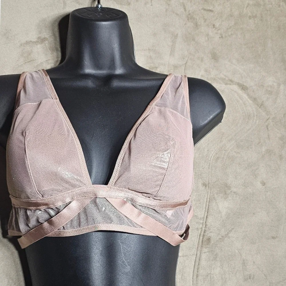 Victorias Secret Shimmer Mesh Bralette Mauve‎ Pink Wireless Cage Back Bra Large